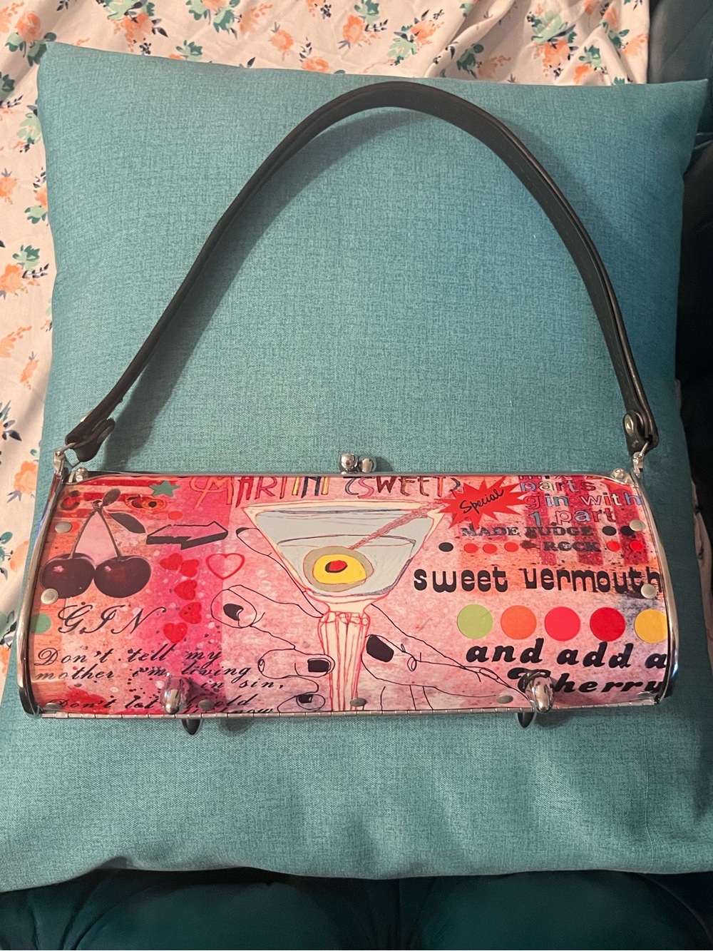 Little Earth Pink Graphic Cocktail clutch with Black Handle